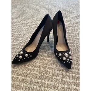 New NINE WEST Black Satin 3.5” heels with pearl/Rhinestone Studs Sz 6